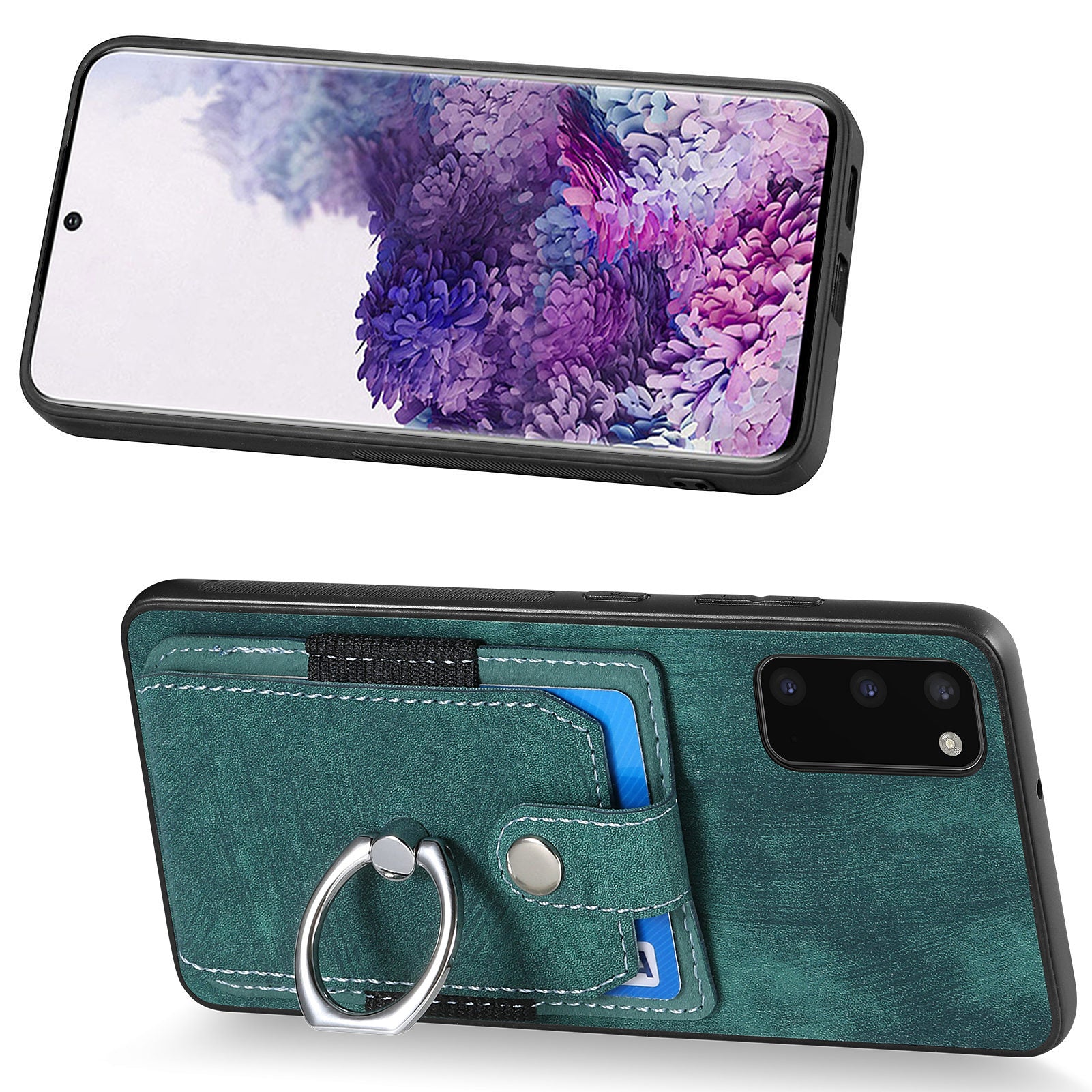 For Samsung Galaxy S20 4G / 5G Ring Holder Phone Case Anti-Shock Kickstand PU Leather+PC+TPU Card Slot Cover - Green