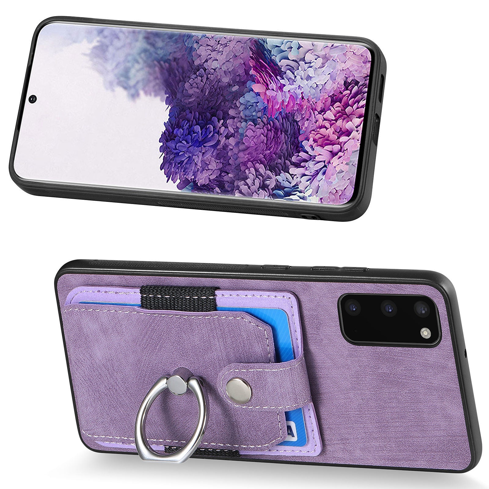 For Samsung Galaxy S20 4G / 5G Ring Holder Phone Case Anti-Shock Kickstand PU Leather+PC+TPU Card Slot Cover - Light Purple