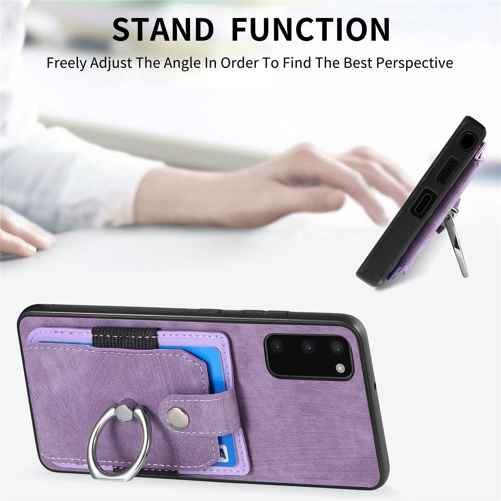 For Samsung Galaxy S20 4G / 5G Ring Holder Phone Case Anti-Shock Kickstand PU Leather+PC+TPU Card Slot Cover - Light Purple