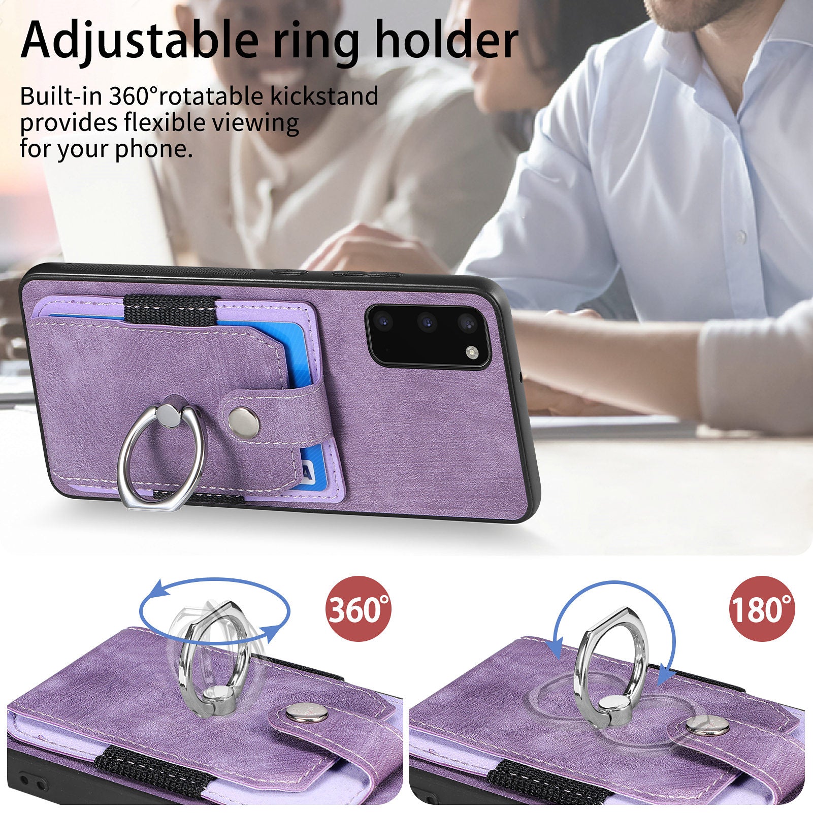 For Samsung Galaxy S20 4G / 5G Ring Holder Phone Case Anti-Shock Kickstand PU Leather+PC+TPU Card Slot Cover - Light Purple