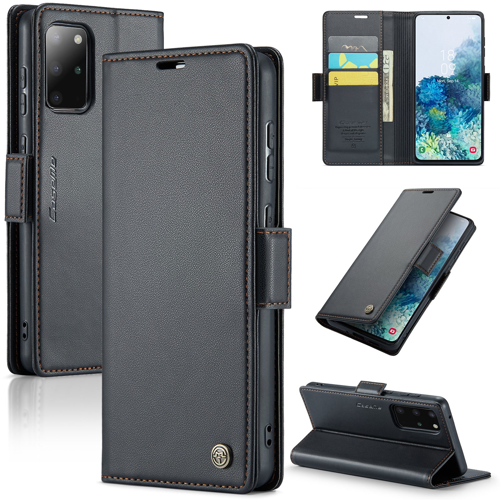 CASEME 023 Series Phone Stand Case for Samsung Galaxy S20 Plus 5G / 4G PU Leather RFID Blocking Wallet Cover - Black