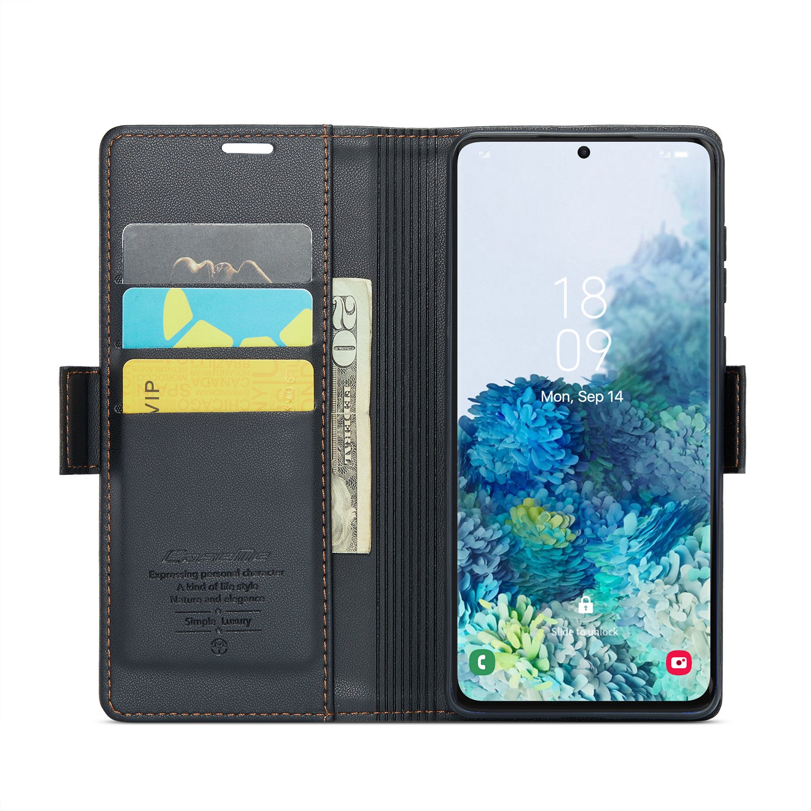 CASEME 023 Series Phone Stand Case for Samsung Galaxy S20 Plus 5G / 4G PU Leather RFID Blocking Wallet Cover - Black