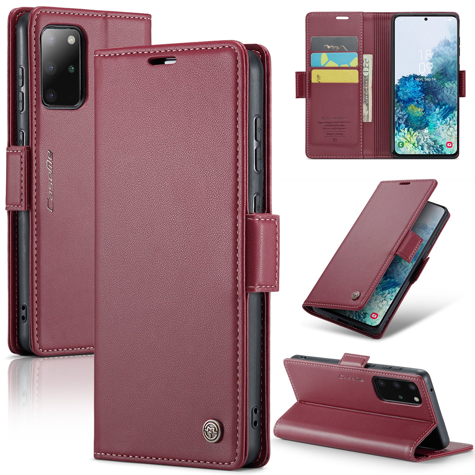 CASEME 023 Series Phone Stand Case for Samsung Galaxy S20 Plus 5G / 4G PU Leather RFID Blocking Wallet Cover - Red