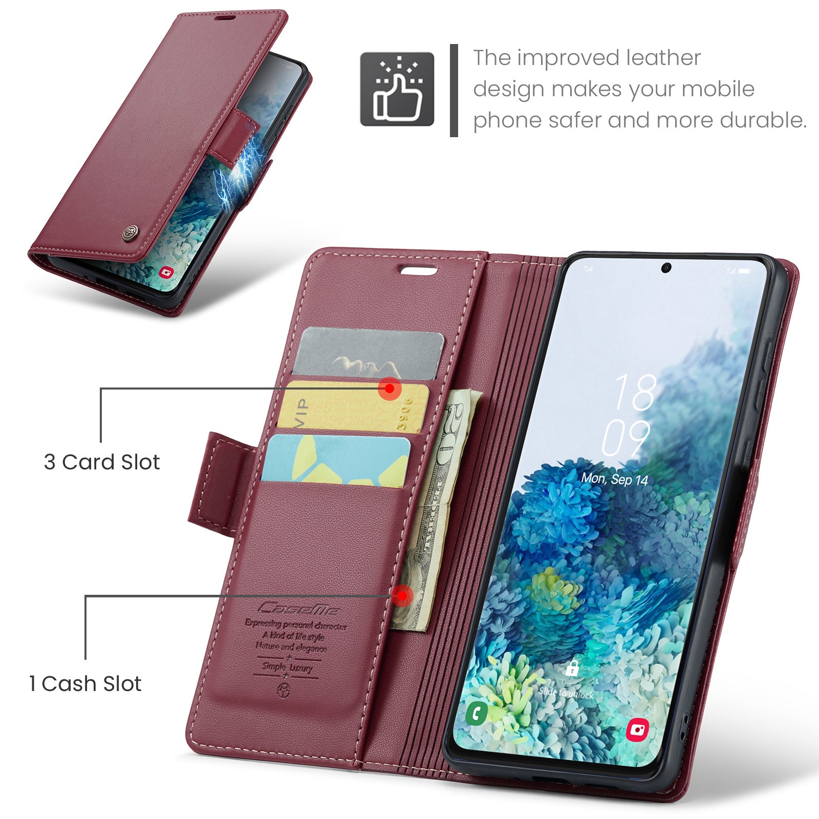 CASEME 023 Series Phone Stand Case for Samsung Galaxy S20 Plus 5G / 4G PU Leather RFID Blocking Wallet Cover - Red