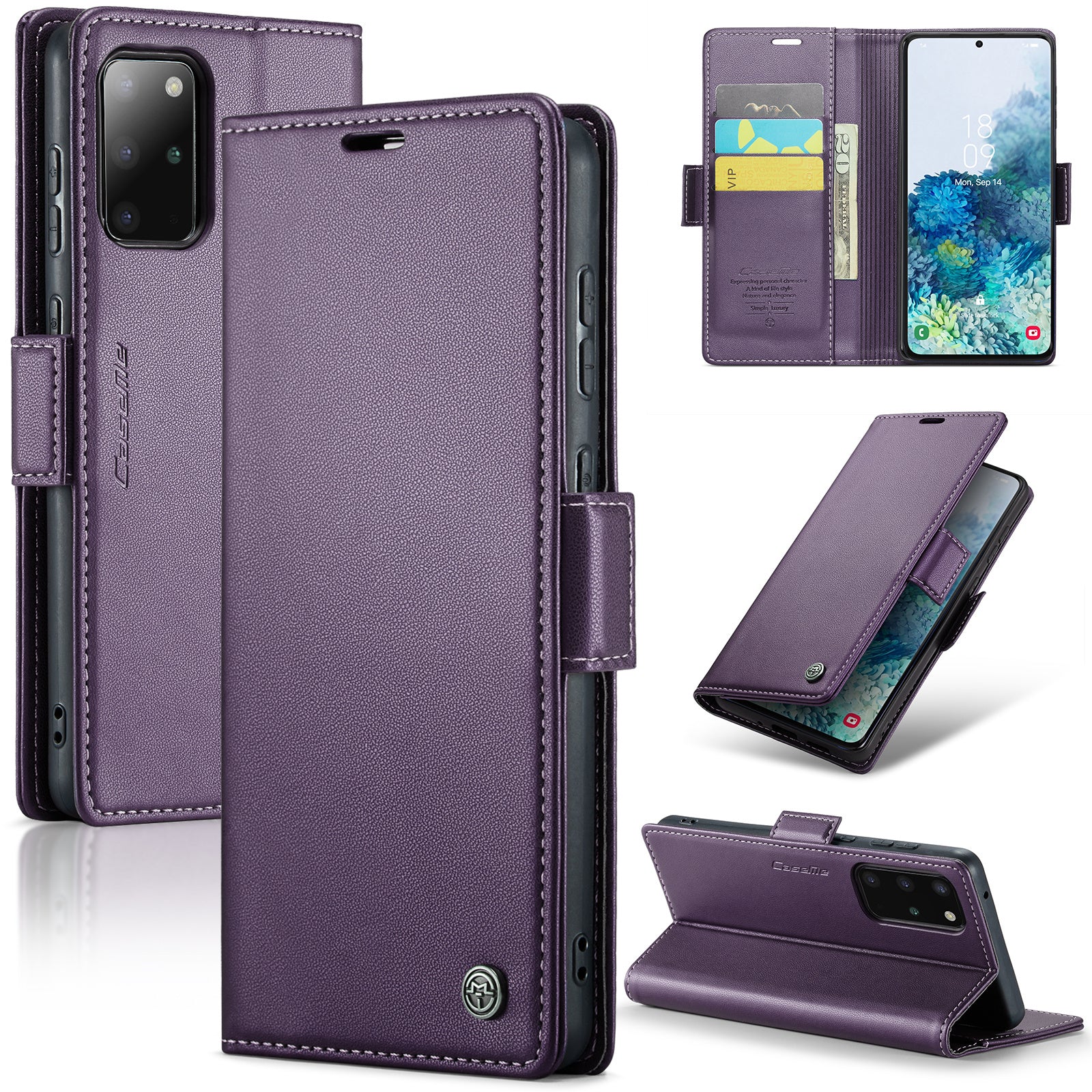 CASEME 023 Series Phone Stand Case for Samsung Galaxy S20 Plus 5G / 4G PU Leather RFID Blocking Wallet Cover - Purple