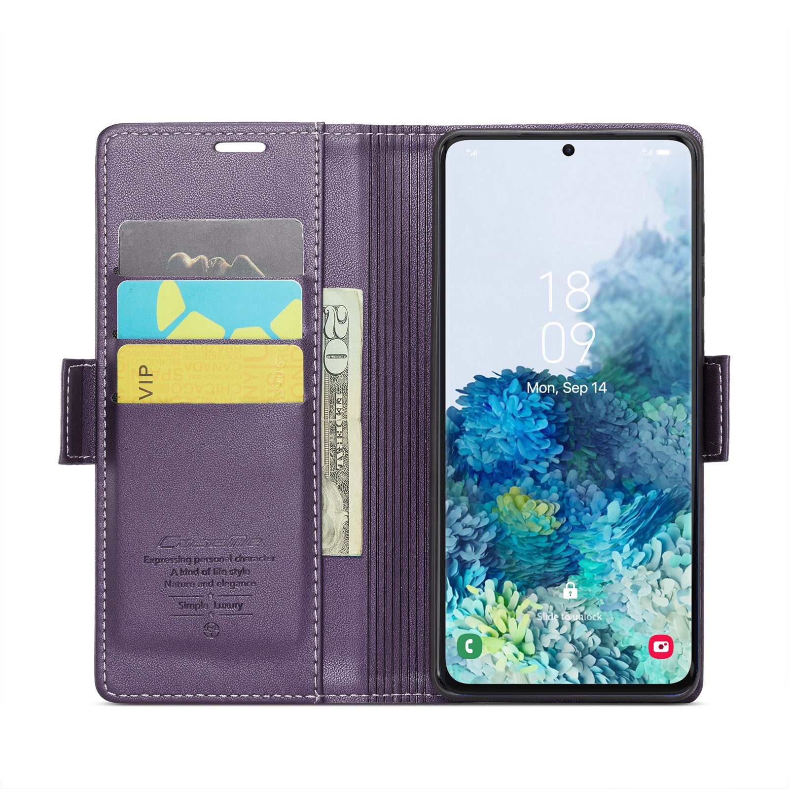 CASEME 023 Series Phone Stand Case for Samsung Galaxy S20 Plus 5G / 4G PU Leather RFID Blocking Wallet Cover - Purple