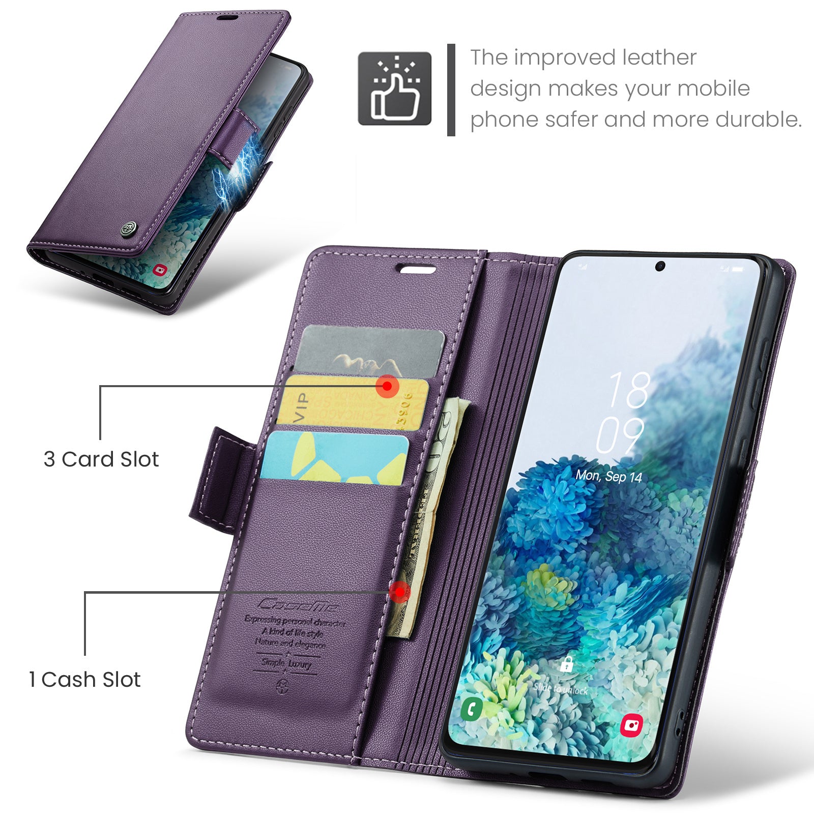 CASEME 023 Series Phone Stand Case for Samsung Galaxy S20 Plus 5G / 4G PU Leather RFID Blocking Wallet Cover - Purple