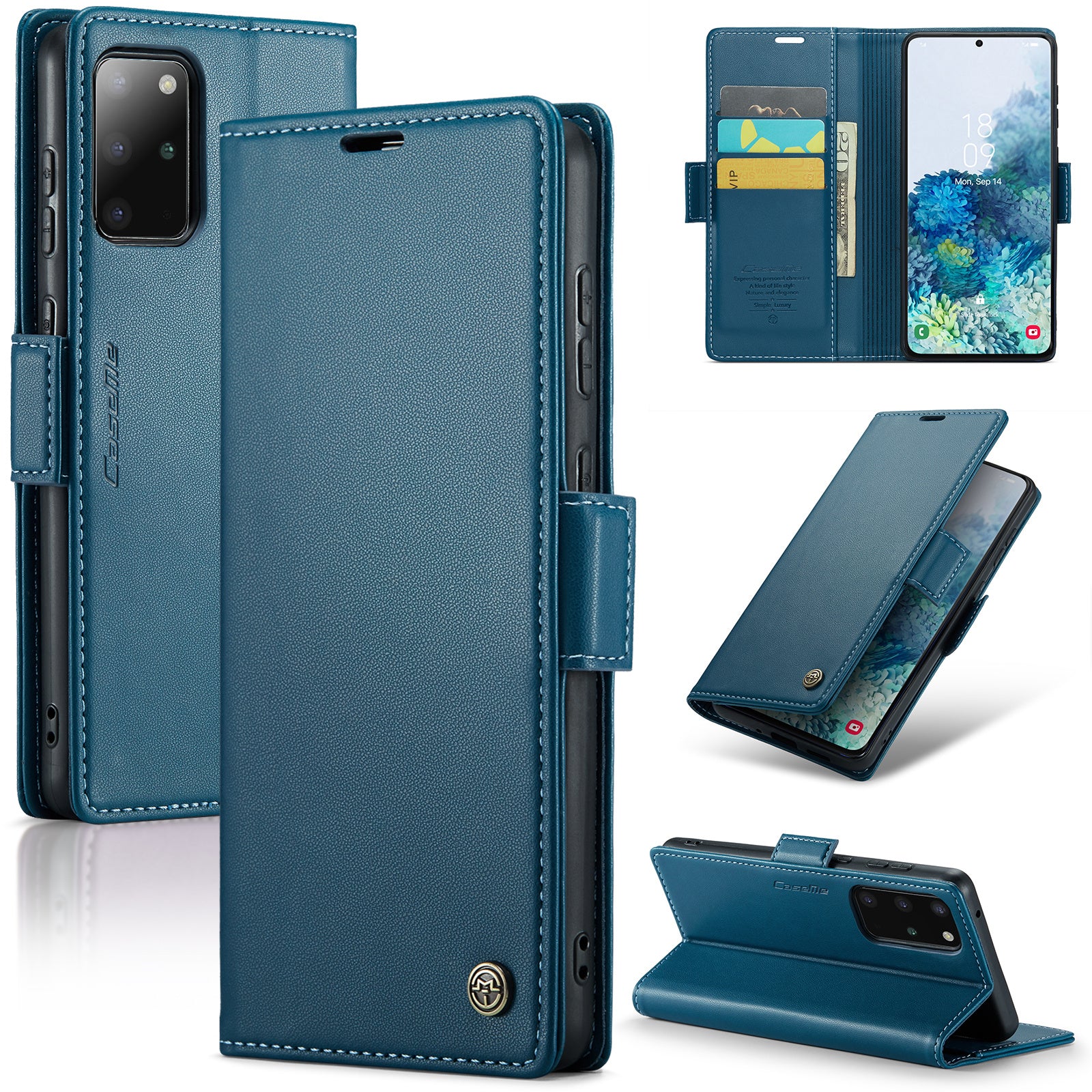 CASEME 023 Series Phone Stand Case for Samsung Galaxy S20 Plus 5G / 4G PU Leather RFID Blocking Wallet Cover - Blue