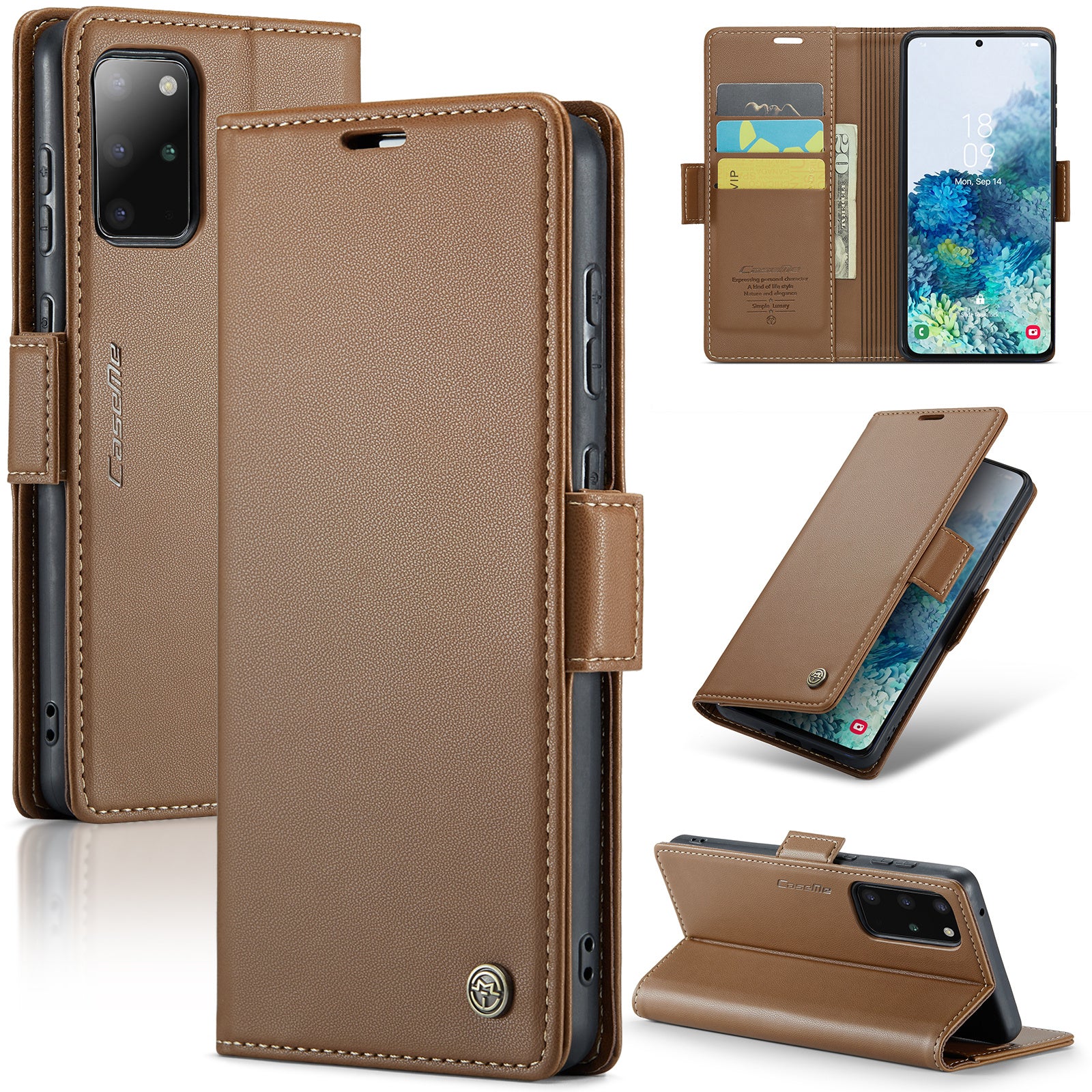 CASEME 023 Series Phone Stand Case for Samsung Galaxy S20 Plus 5G / 4G PU Leather RFID Blocking Wallet Cover - Brown