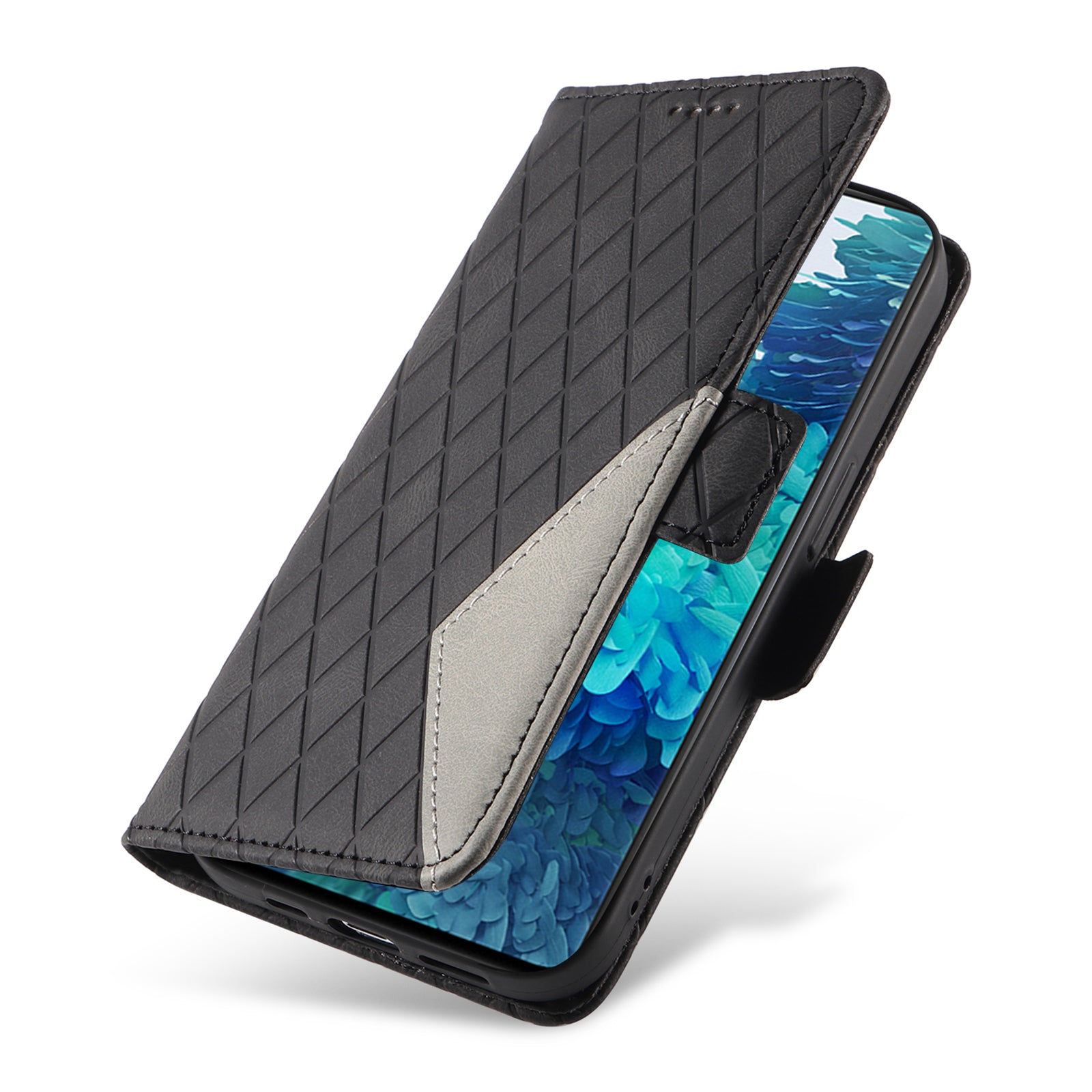 For Samsung Galaxy S20 FE / S20 FE 5G / S20 FE 2022 / S20 Lite Color Splicing Leather Case Rhombus Imprinted Wallet Stand Phone Cover - Black