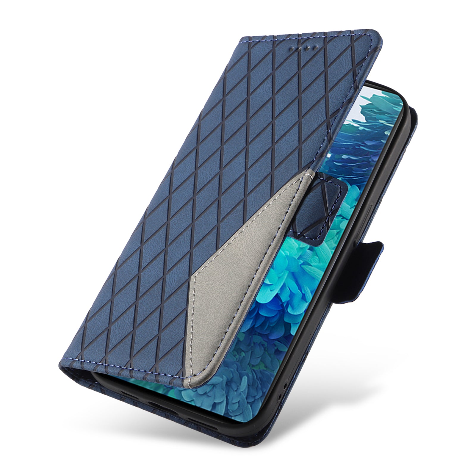 For Samsung Galaxy S20 FE / S20 FE 5G / S20 FE 2022 / S20 Lite Color Splicing Leather Case Rhombus Imprinted Wallet Stand Phone Cover - Blue