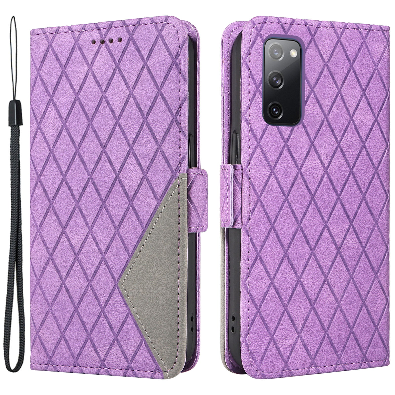 For Samsung Galaxy S20 FE / S20 FE 5G / S20 FE 2022 / S20 Lite Color Splicing Leather Case Rhombus Imprinted Wallet Stand Phone Cover - Purple