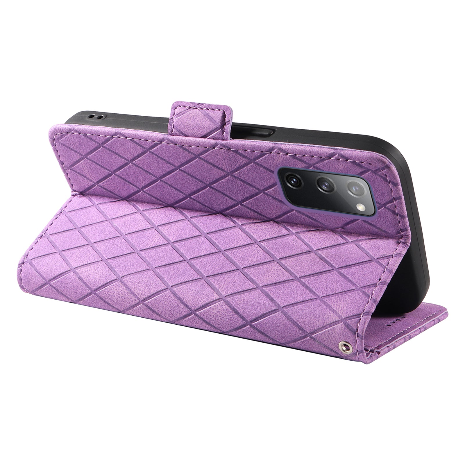 For Samsung Galaxy S20 FE / S20 FE 5G / S20 FE 2022 / S20 Lite Color Splicing Leather Case Rhombus Imprinted Wallet Stand Phone Cover - Purple