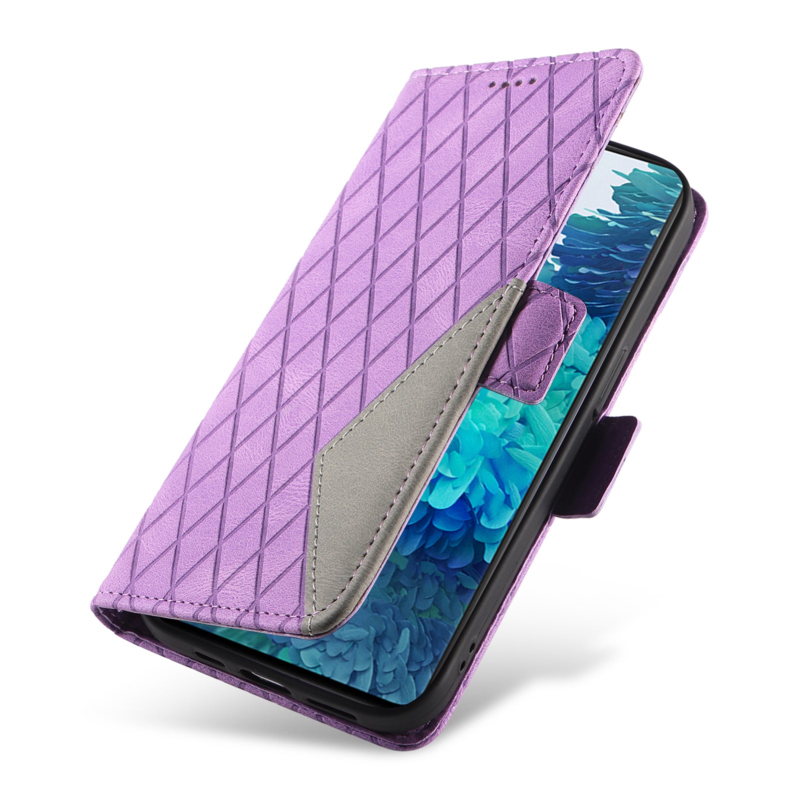 For Samsung Galaxy S20 FE / S20 FE 5G / S20 FE 2022 / S20 Lite Color Splicing Leather Case Rhombus Imprinted Wallet Stand Phone Cover - Purple