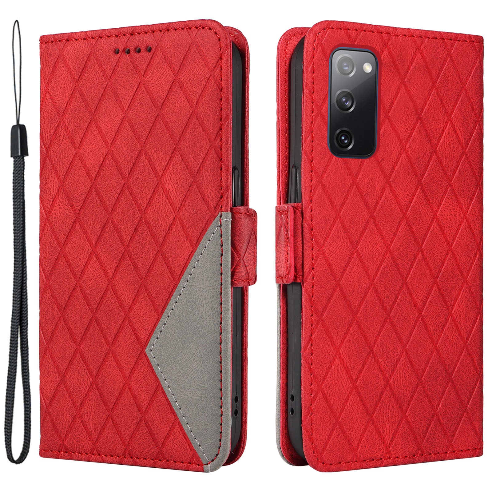 For Samsung Galaxy S20 FE / S20 FE 5G / S20 FE 2022 / S20 Lite Color Splicing Leather Case Rhombus Imprinted Wallet Stand Phone Cover - Red