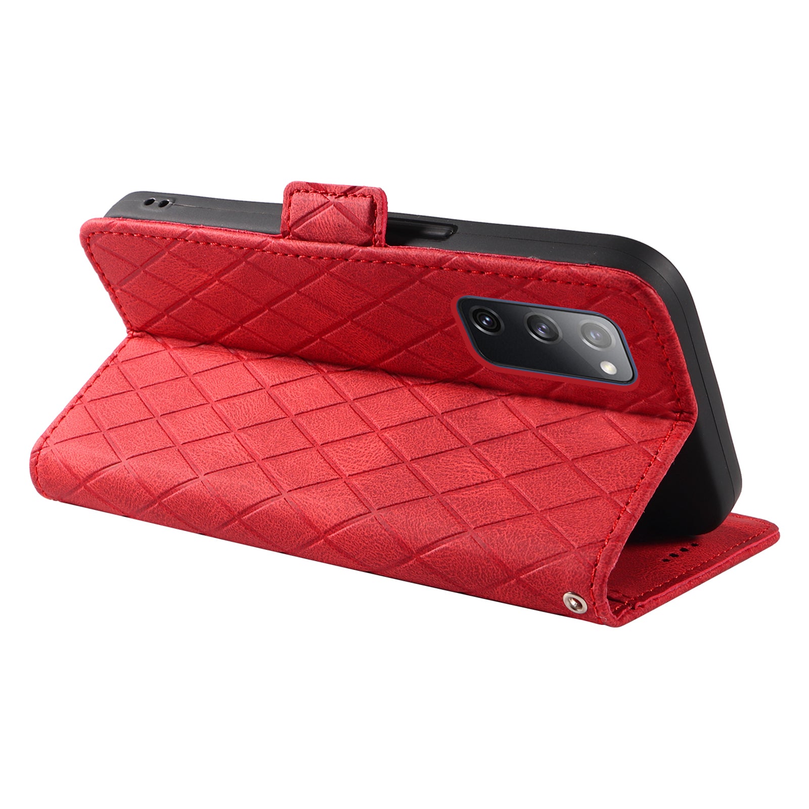 For Samsung Galaxy S20 FE / S20 FE 5G / S20 FE 2022 / S20 Lite Color Splicing Leather Case Rhombus Imprinted Wallet Stand Phone Cover - Red