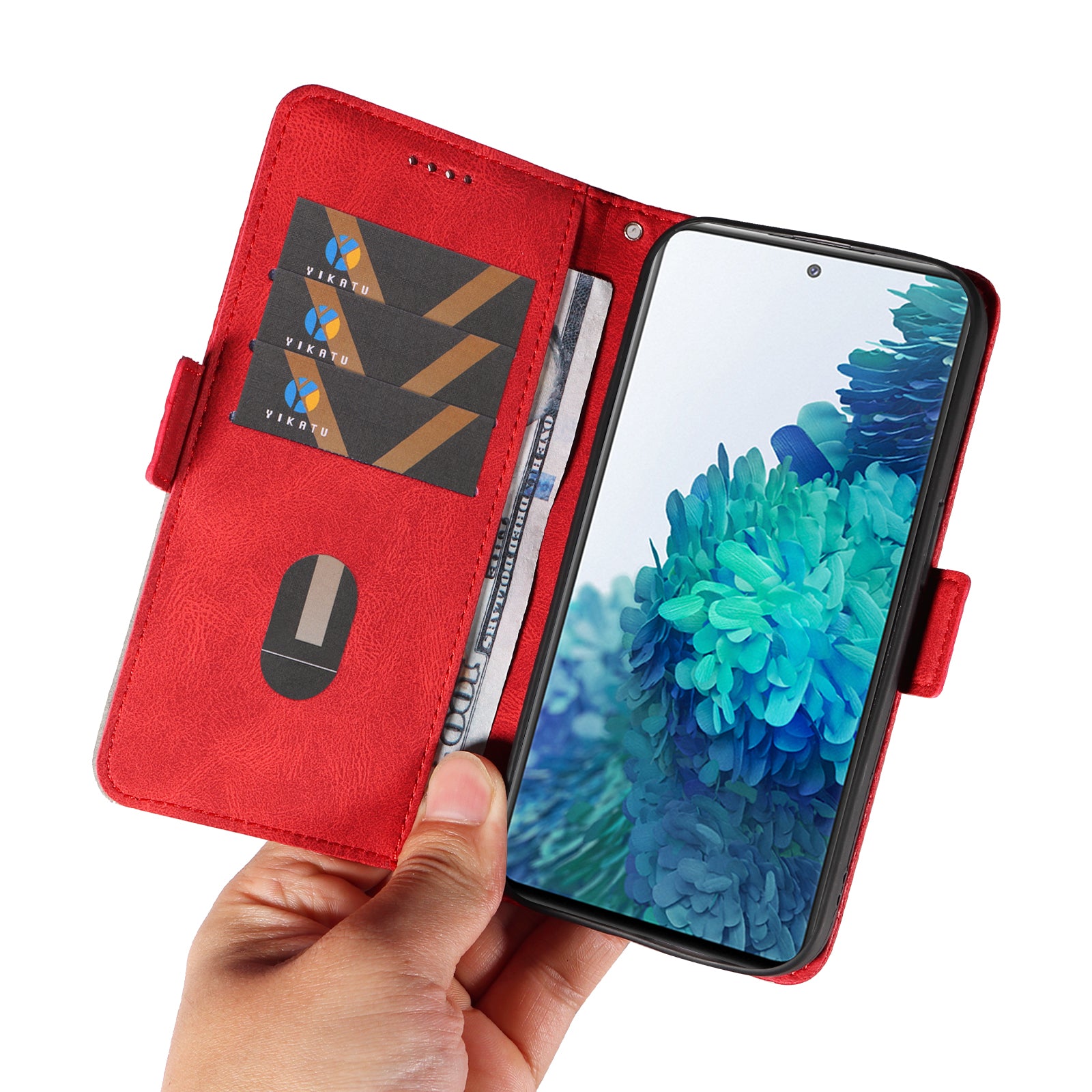 For Samsung Galaxy S20 FE / S20 FE 5G / S20 FE 2022 / S20 Lite Color Splicing Leather Case Rhombus Imprinted Wallet Stand Phone Cover - Red