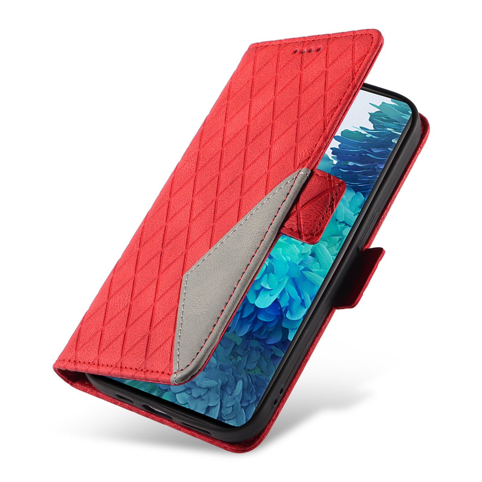 For Samsung Galaxy S20 FE / S20 FE 5G / S20 FE 2022 / S20 Lite Color Splicing Leather Case Rhombus Imprinted Wallet Stand Phone Cover - Red