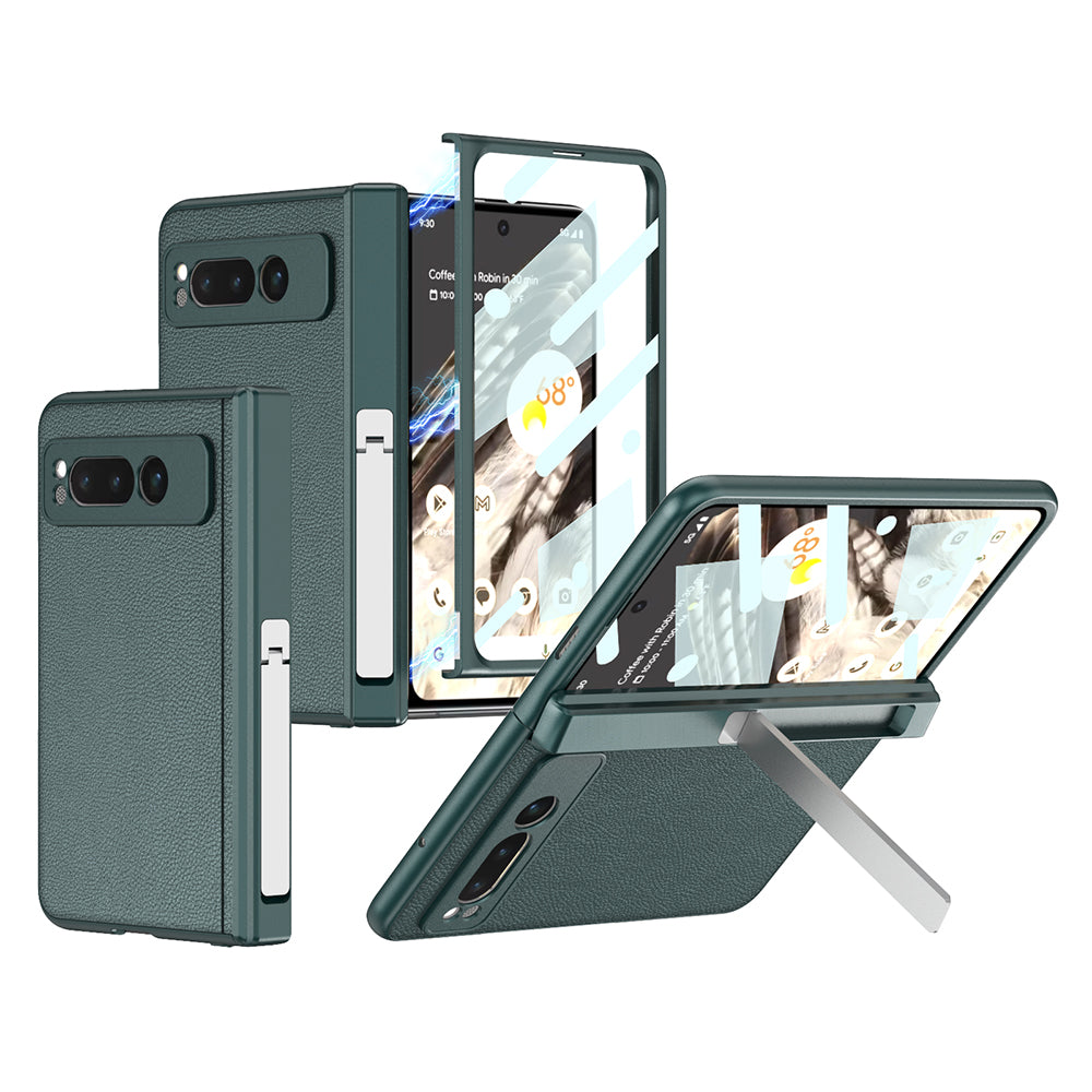 GKK For vivo X Fold Magnetic Hinge Protection Back Cover PU Leather+PC Kickstand Phone Case with Tempered Glass Film - Green