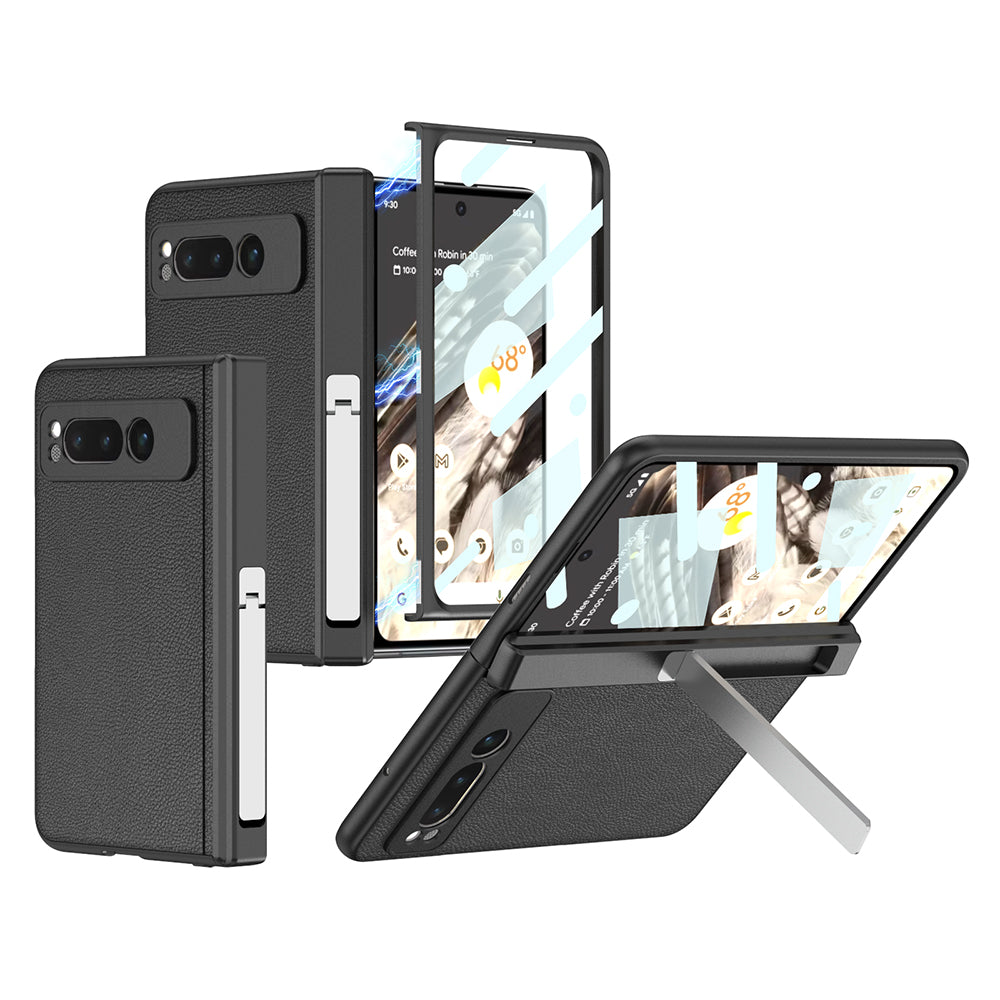 GKK For vivo X Fold Magnetic Hinge Protection Back Cover PU Leather+PC Kickstand Phone Case with Tempered Glass Film - Black