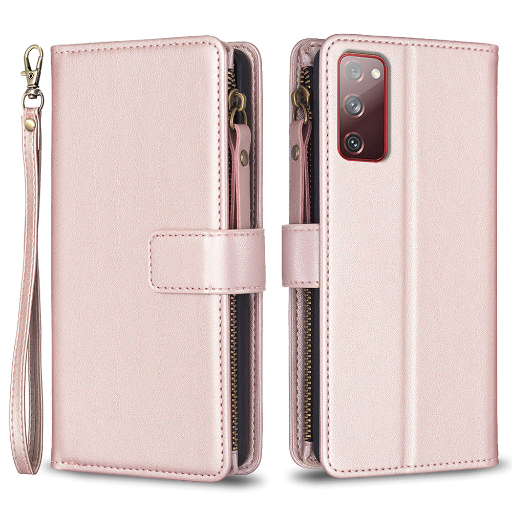 BF Style-19 for Samsung Galaxy S20 FE 5G / S20 FE / S20 FE 2022 / S20 Lite PU Leather Cover Wallet Stand Zippered Phone Case - Rose Gold