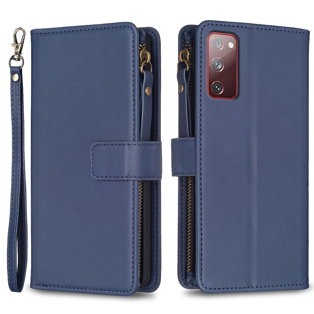 BF Style-19 for Samsung Galaxy S20 FE 5G / S20 FE / S20 FE 2022 / S20 Lite PU Leather Cover Wallet Stand Zippered Phone Case - Blue