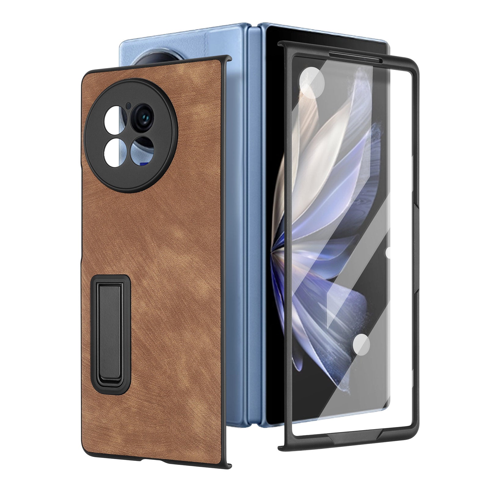 For vivo X Fold2 Retro Texture Phone Case PU Leather+PC Kickstand Cover with Tempered Glass Film - Brown