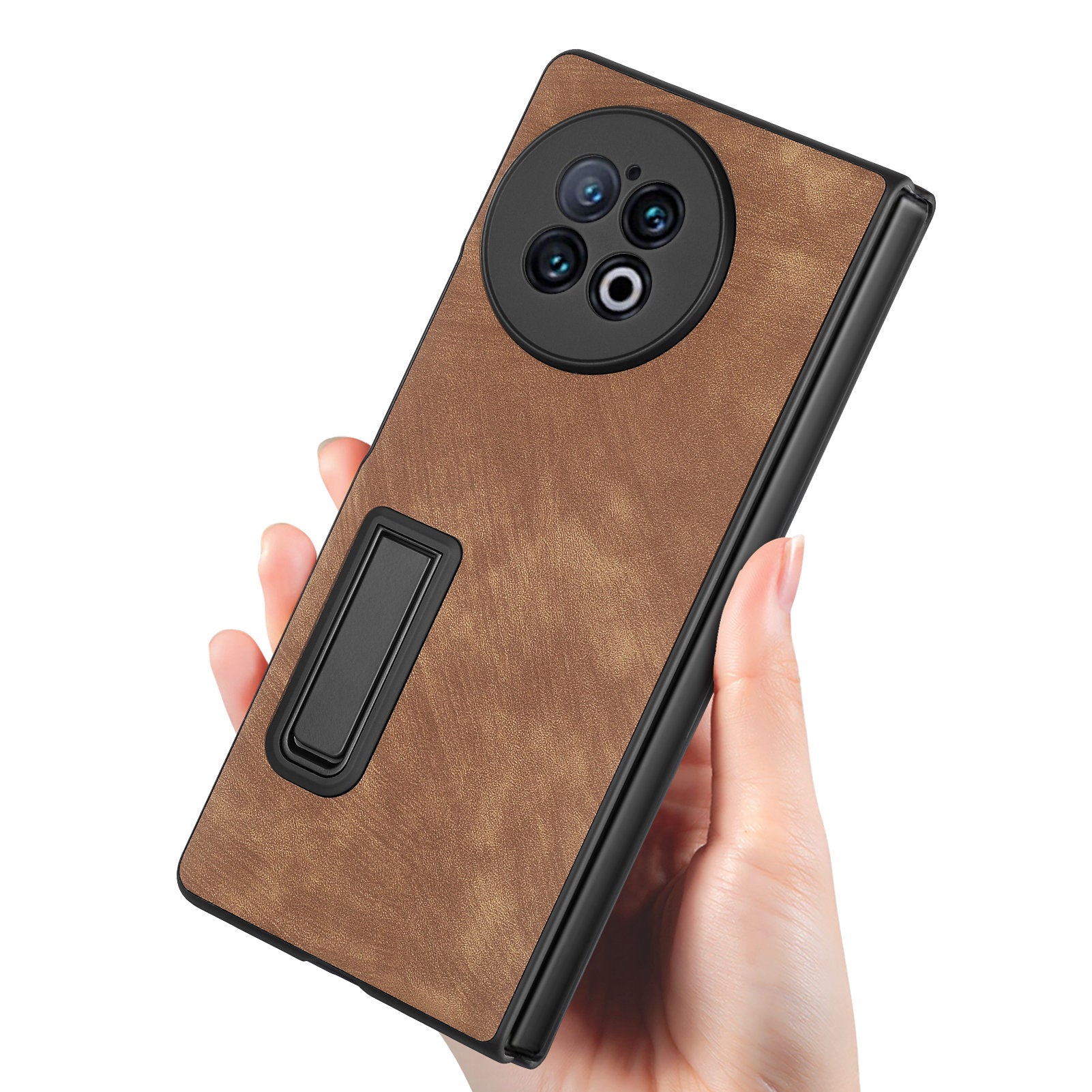 For vivo X Fold2 Retro Texture Phone Case PU Leather+PC Kickstand Cover with Tempered Glass Film - Brown