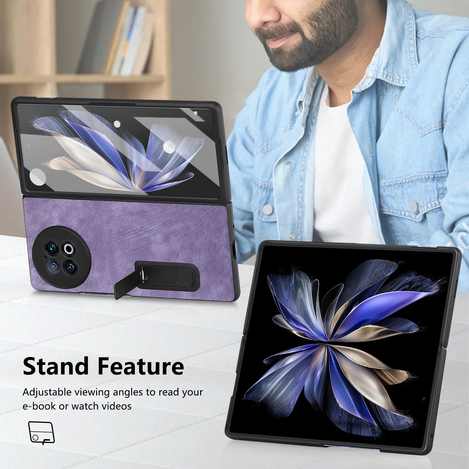 For vivo X Fold2 Retro Texture Phone Case PU Leather+PC Kickstand Cover with Tempered Glass Film - Purple