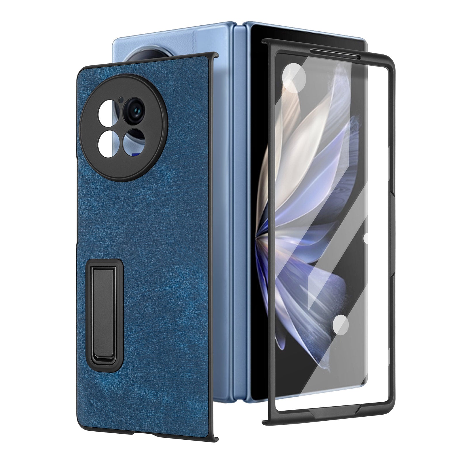 For vivo X Fold2 Retro Texture Phone Case PU Leather+PC Kickstand Cover with Tempered Glass Film - Blue