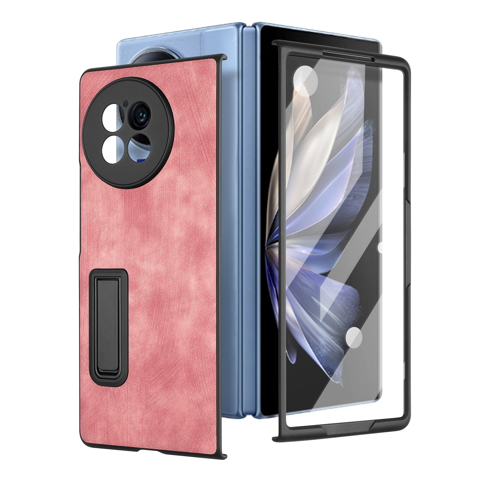 For vivo X Fold2 Retro Texture Phone Case PU Leather+PC Kickstand Cover with Tempered Glass Film - Pink