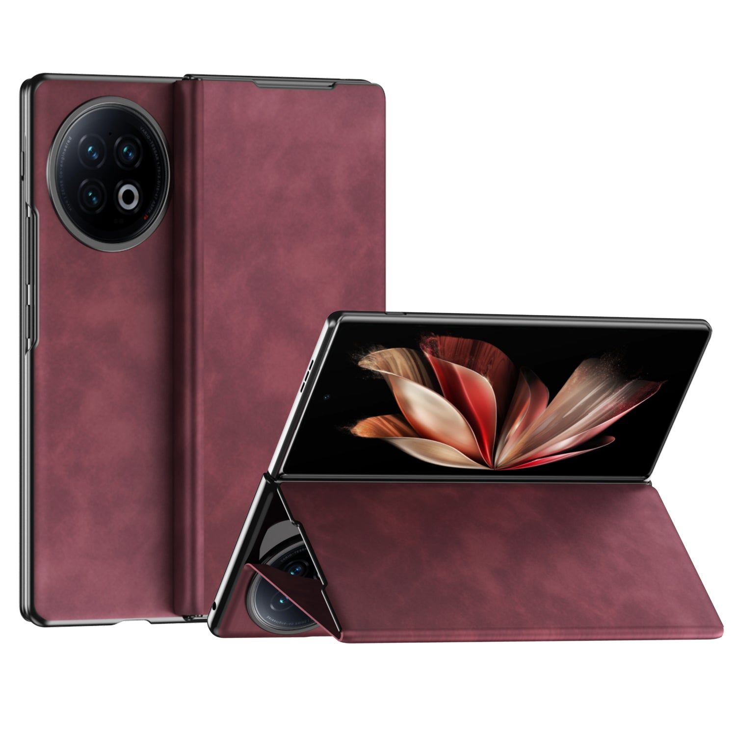 For vivo X Fold2 Nappa Texture Phone Case PU Leather + PC Kickstand Magnetic Cover - Wine Red