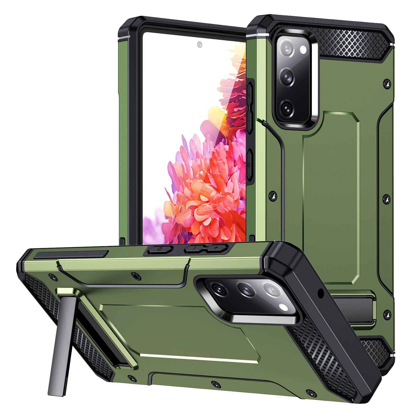 For Samsung Galaxy S20 FE / FE 5G / FE 2022 / S20 Lite Kickstand Case TPU+PC Dual Layer Protection Anti-drop Phone Cover - Army Green