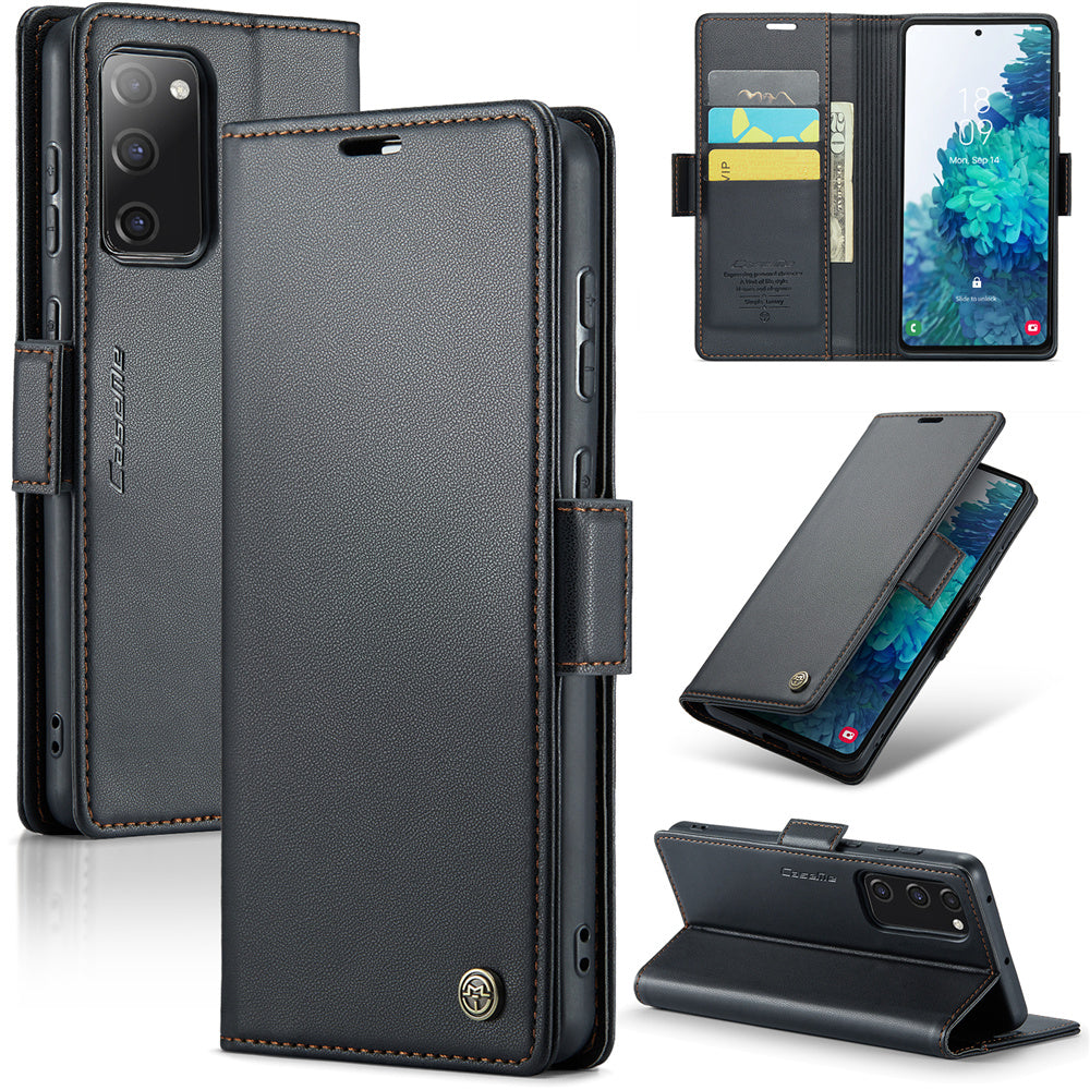 CASEME 023 Series for Samsung Galaxy S20 FE / S20 FE 5G / S20 FE 2022 / S20 Lite Phone Leather Case RFID Blocking Wallet Cover - Black