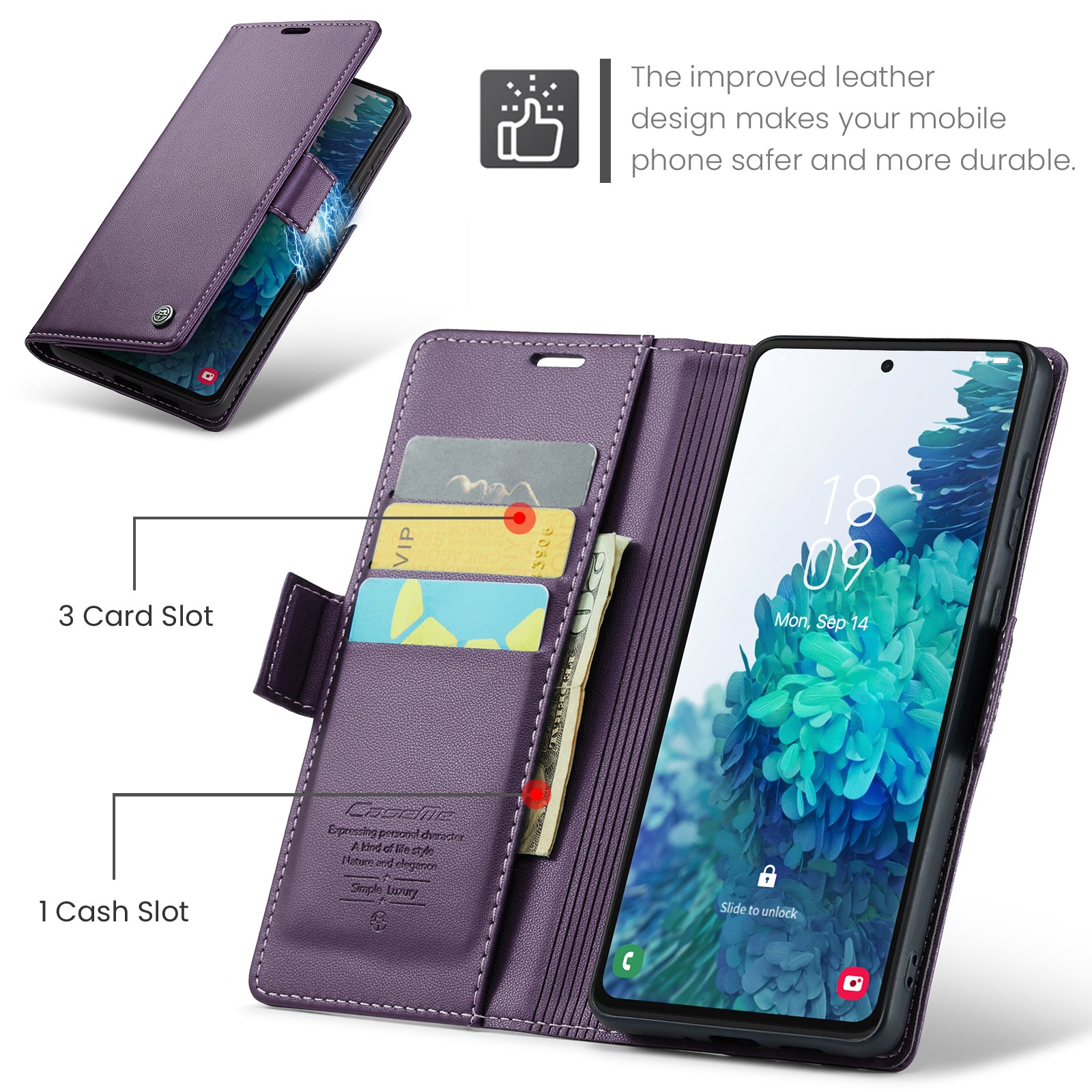 CASEME 023 Series for Samsung Galaxy S20 FE / S20 FE 5G / S20 FE 2022 / S20 Lite Phone Leather Case RFID Blocking Wallet Cover - Purple