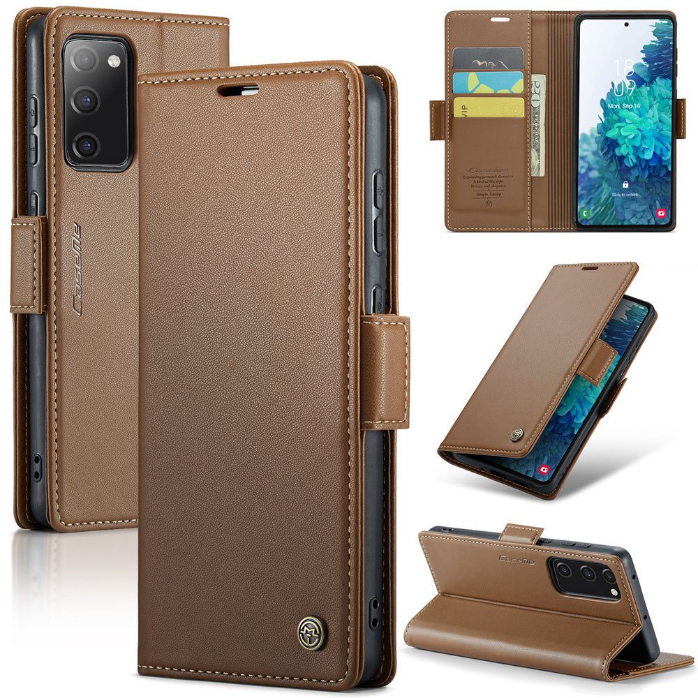 CASEME 023 Series for Samsung Galaxy S20 FE / S20 FE 5G / S20 FE 2022 / S20 Lite Phone Leather Case RFID Blocking Wallet Cover - Brown