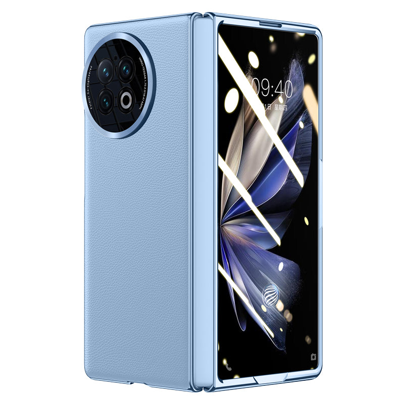 Electroplating Phone Case for vivo X Fold2 , Leather Coated PC Cover Tempered Glass Film (Support Fingerprint Unlock) - Blue