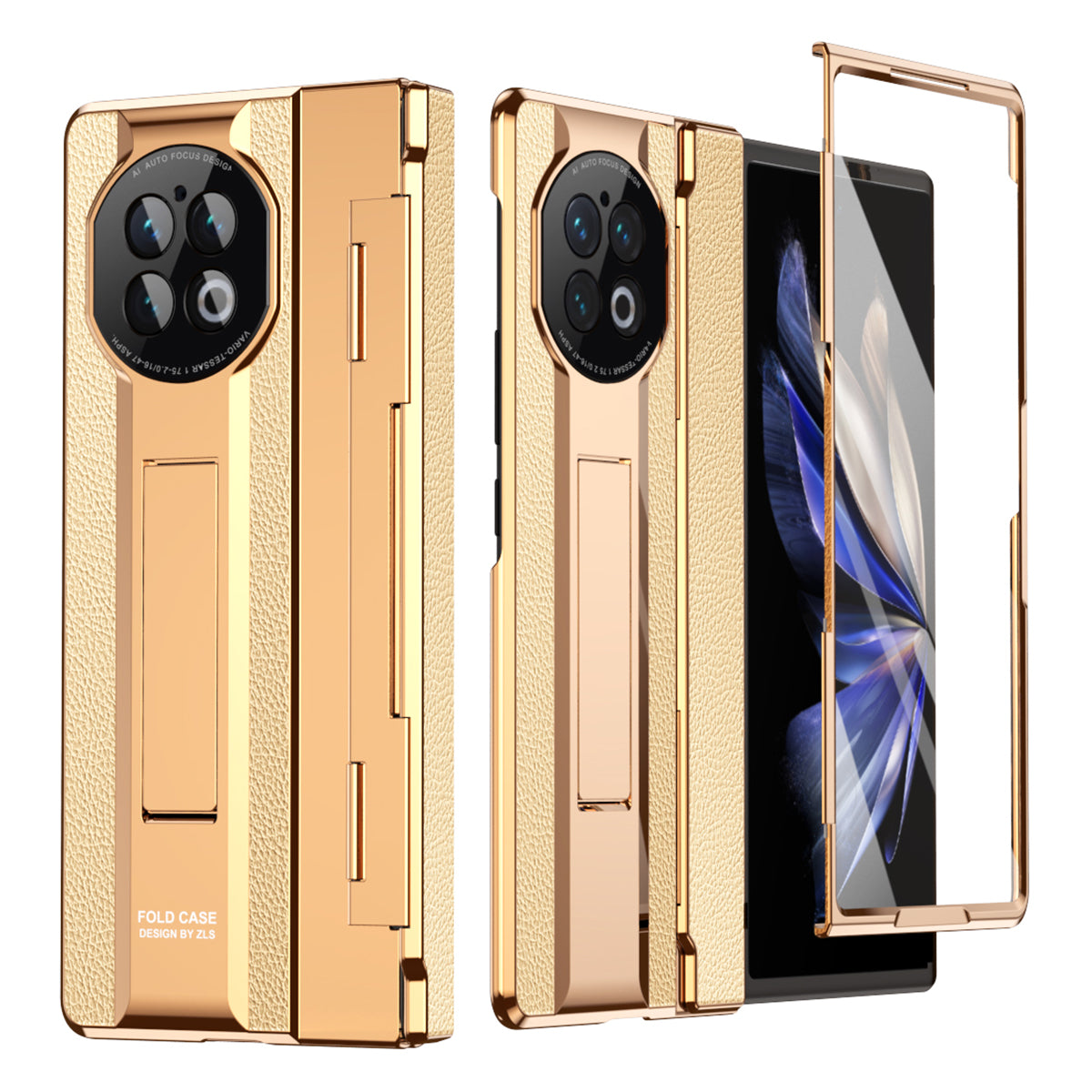 For vivo X Fold2 Kickstand Phone Case PU Leather+PC Shockproof Protective Cover with Glass Film - Rose Gold / Gold