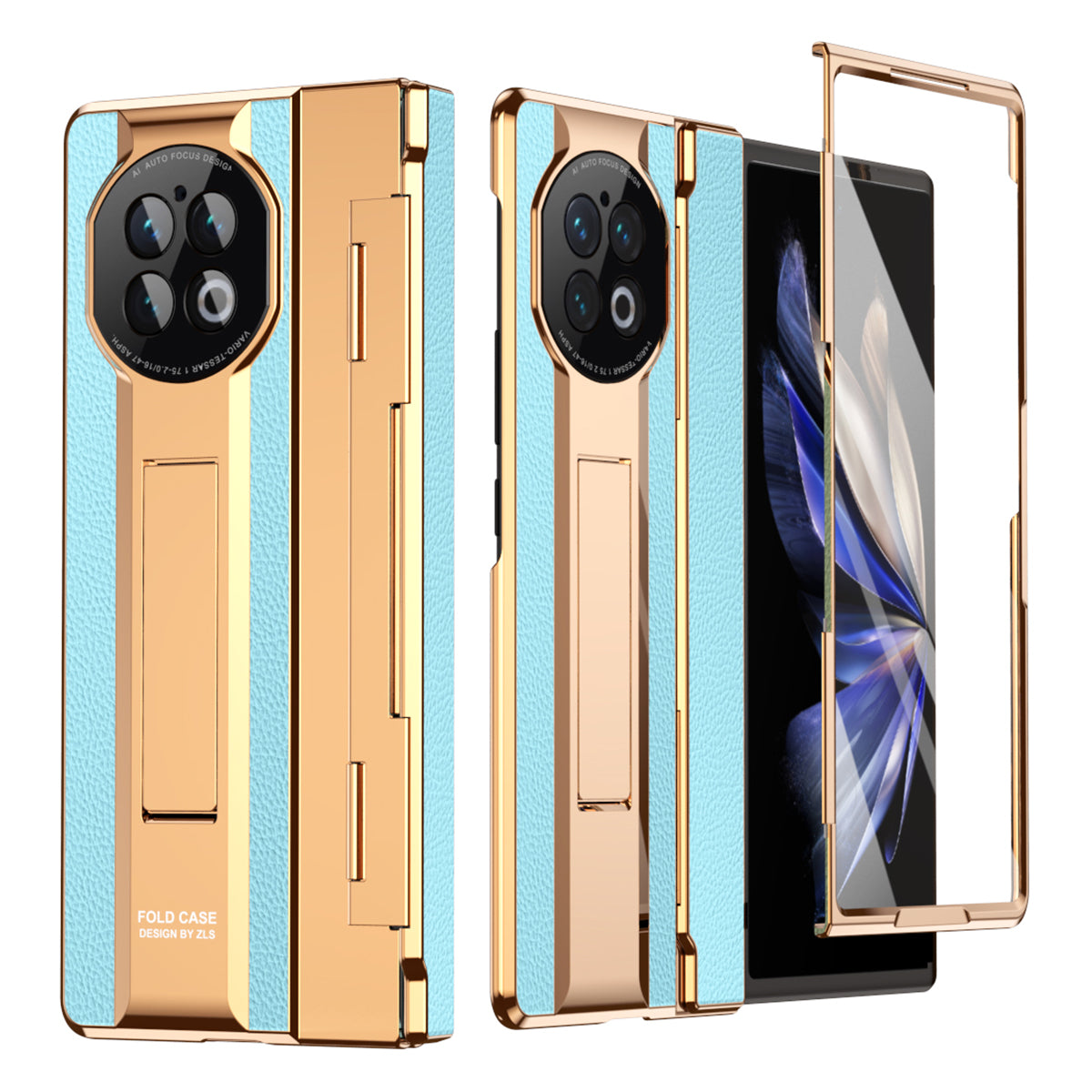 For vivo X Fold2 Kickstand Phone Case PU Leather+PC Shockproof Protective Cover with Glass Film - Rose Gold / Blue