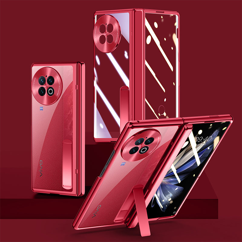 For vivo X Fold2 Hinge Protection PC Phone Case Kickstand Electroplating Clear Cover with Tempered Glass Film - Red