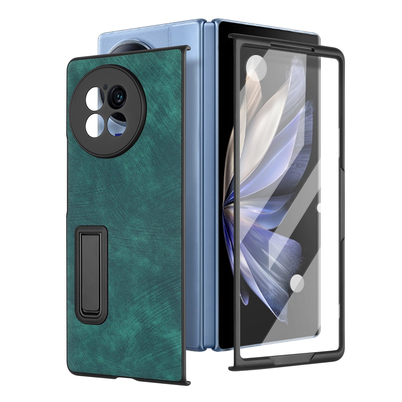 For vivo X Fold2 Kickstand Phone Case Vintage PU Leather+PC Cover with Tempered Glass Film - Green