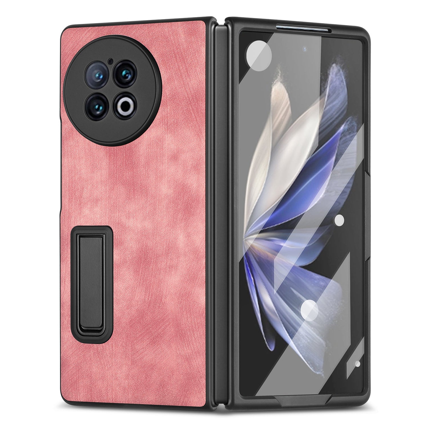 For vivo X Fold2 Kickstand Phone Case Vintage PU Leather+PC Cover with Tempered Glass Film - Pink