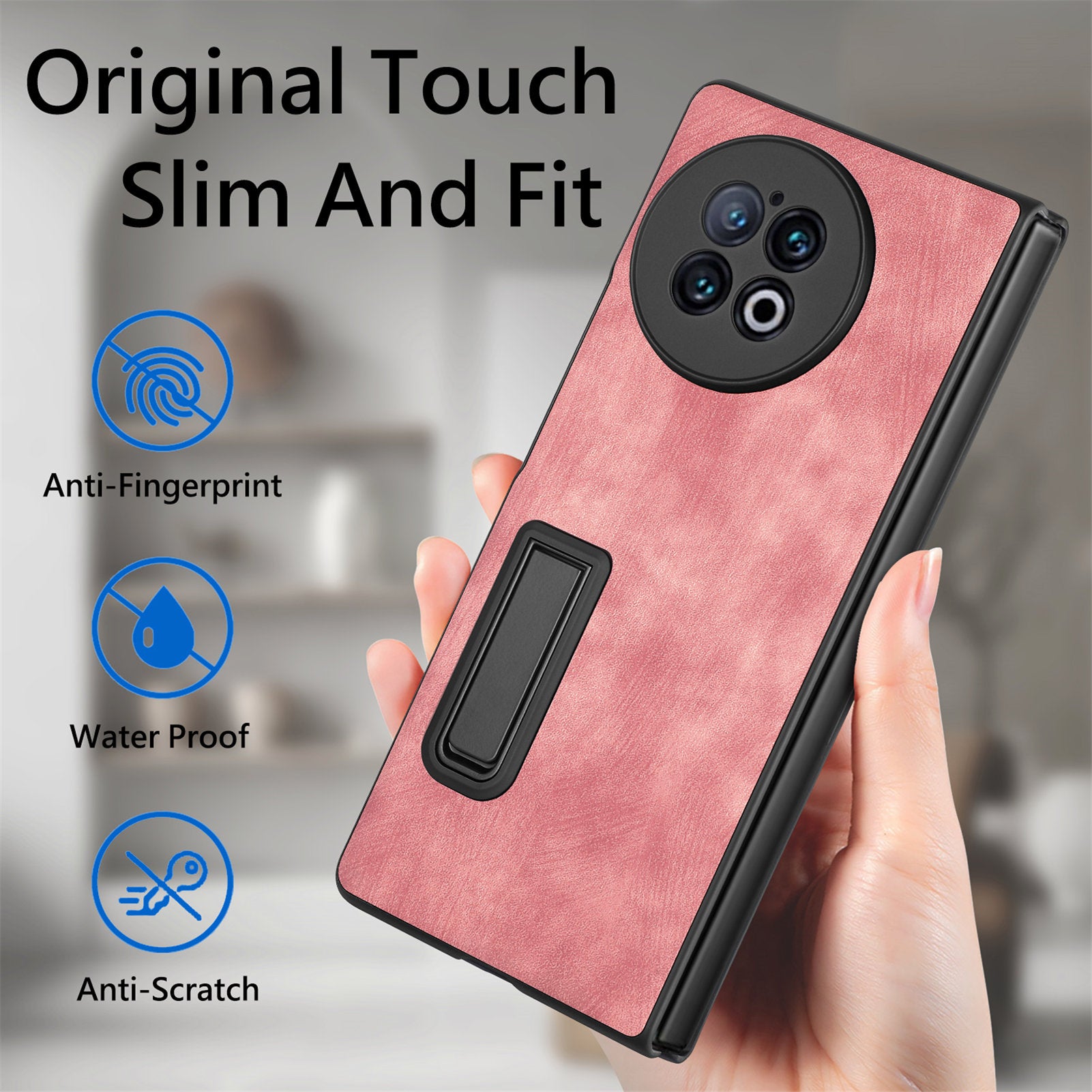 For vivo X Fold2 Kickstand Phone Case Vintage PU Leather+PC Cover with Tempered Glass Film - Pink