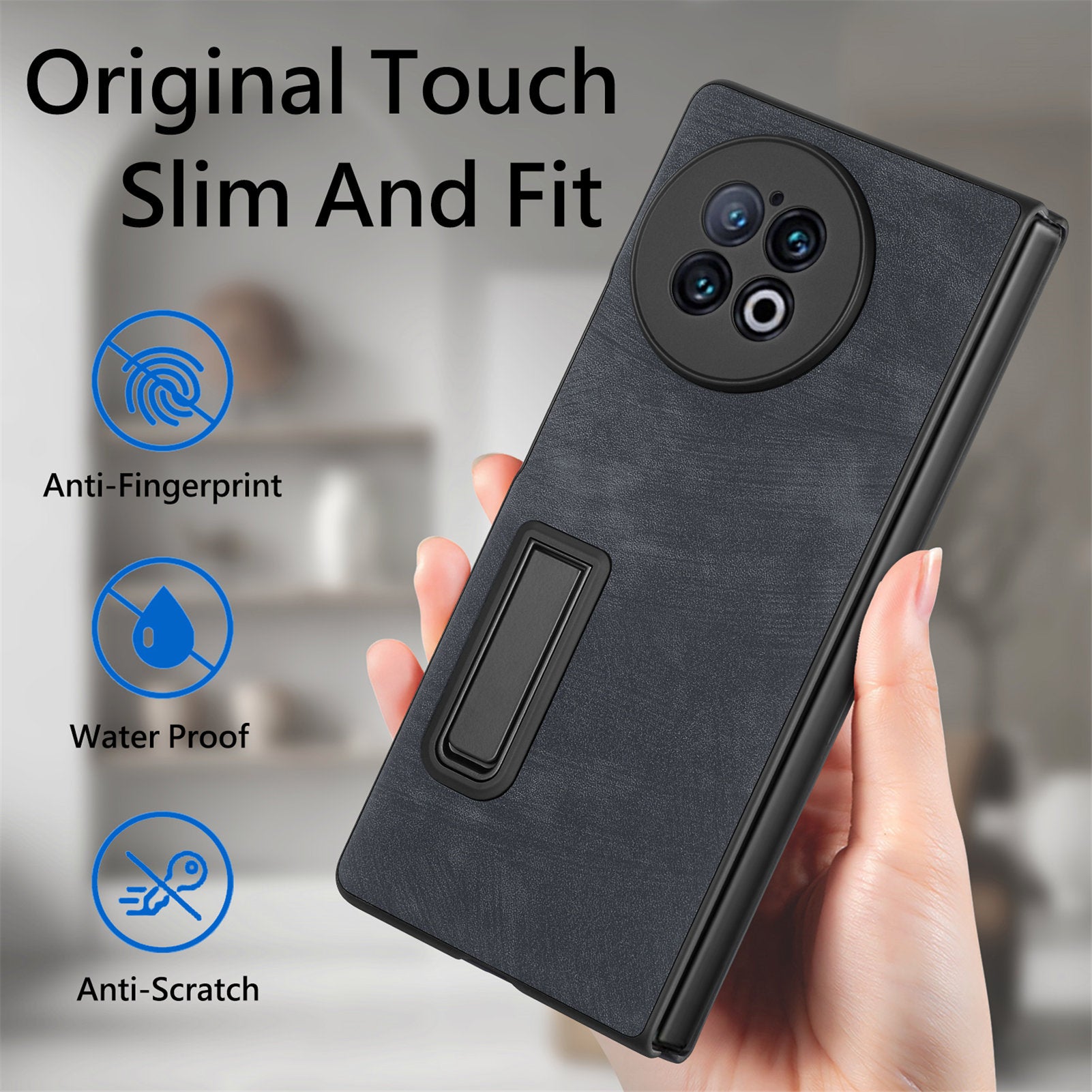 For vivo X Fold2 Kickstand Phone Case Vintage PU Leather+PC Cover with Tempered Glass Film - Black