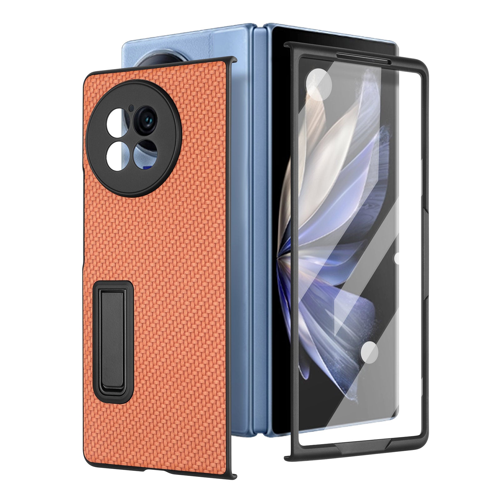 For vivo X Fold2 PU Leather+PC Protective Case Kickstand Carbon Fiber Texture Phone Cover with Tempered Glass Film - Brown
