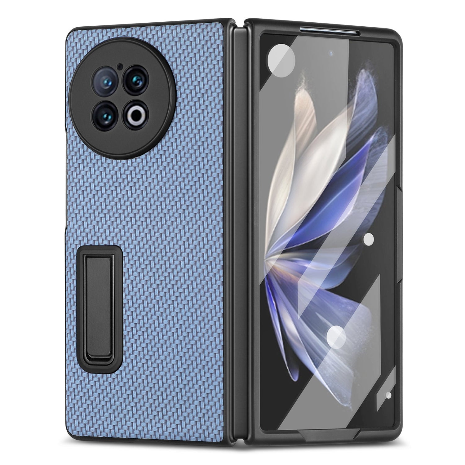 For vivo X Fold2 PU Leather+PC Protective Case Kickstand Carbon Fiber Texture Phone Cover with Tempered Glass Film - Dark Blue