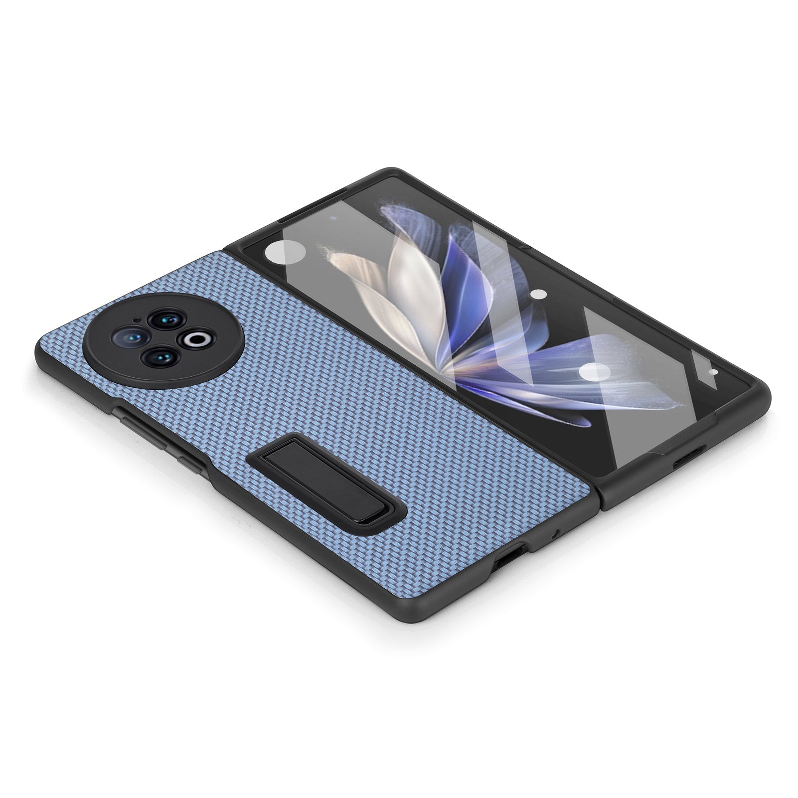 For vivo X Fold2 PU Leather+PC Protective Case Kickstand Carbon Fiber Texture Phone Cover with Tempered Glass Film - Dark Blue