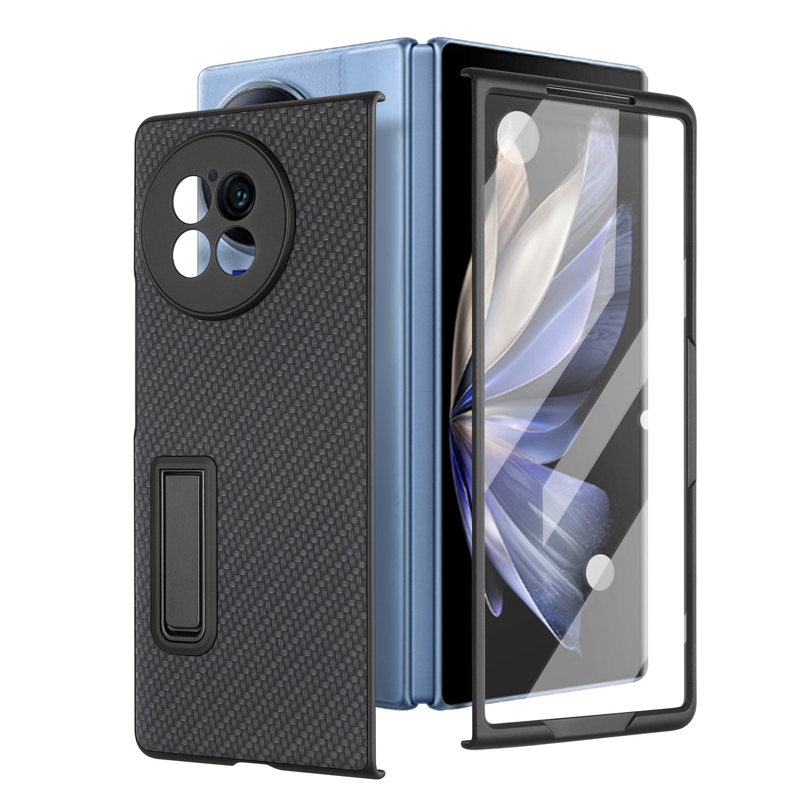 For vivo X Fold2 PU Leather+PC Protective Case Kickstand Carbon Fiber Texture Phone Cover with Tempered Glass Film - Black