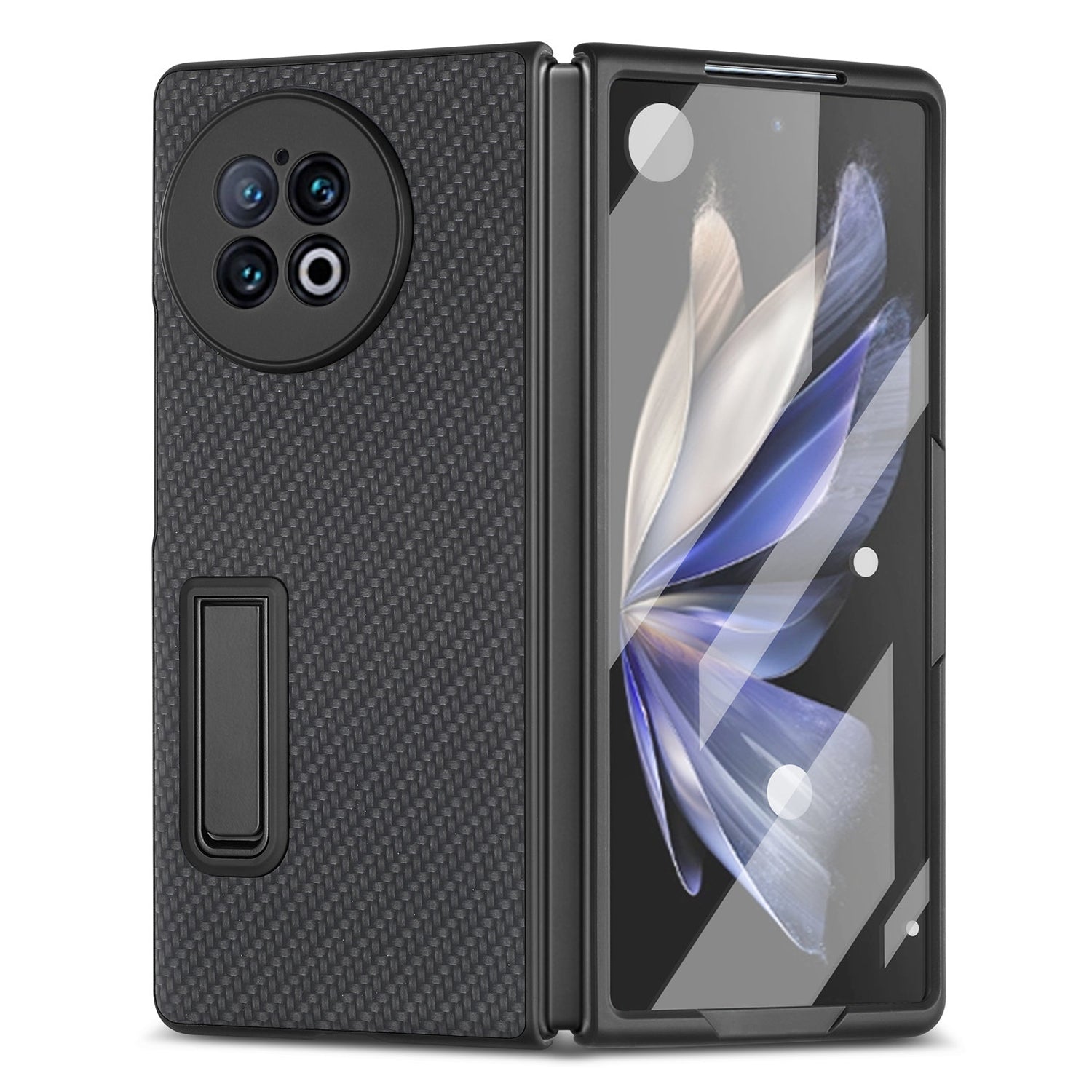 For vivo X Fold2 PU Leather+PC Protective Case Kickstand Carbon Fiber Texture Phone Cover with Tempered Glass Film - Black