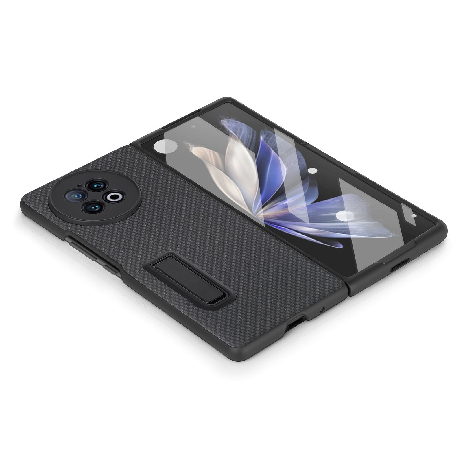 For vivo X Fold2 PU Leather+PC Protective Case Kickstand Carbon Fiber Texture Phone Cover with Tempered Glass Film - Black